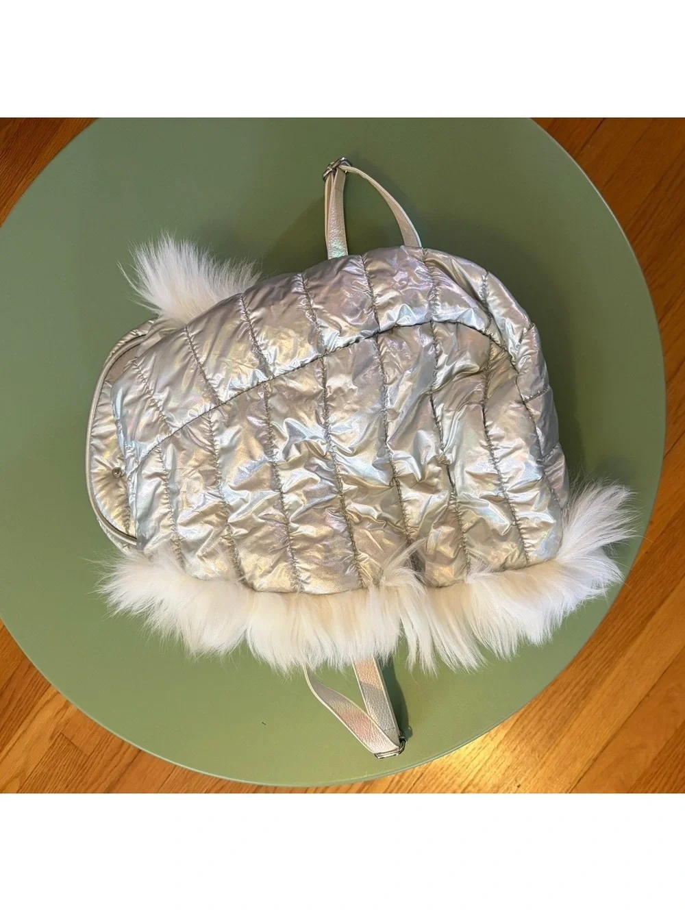 Club Exx Silver Iridescent Quilted Backpack with Faux Fur Trim